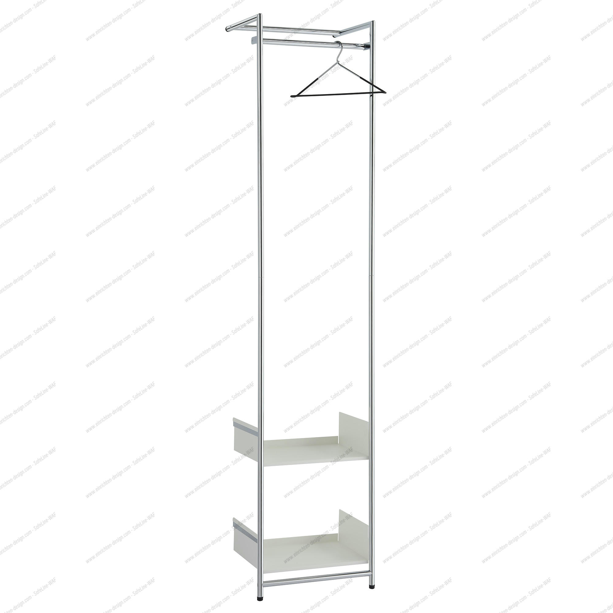 Comba S Anlehngarderobe mit Chromgestell und weißen Tablaren. Moderne Garderobe für Flur oder Schlafzimmer.