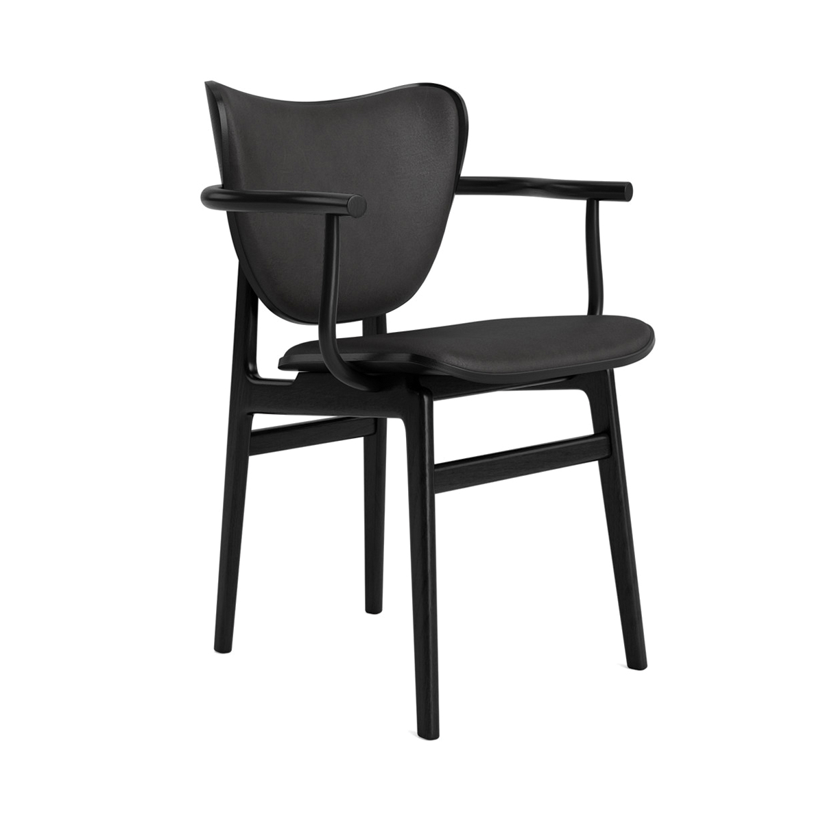 Schwarzer Elephant Dining Chair Stuhl von NORR11 mit Armlehnen und Frontpolsterung, Ansicht von vorne.