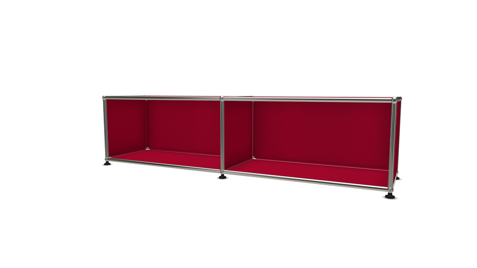 USM Haller Lowboard in Rot mit offenen Fächern und verchromtem Stahlrohr-Gestell, modernes Möbeldesign.