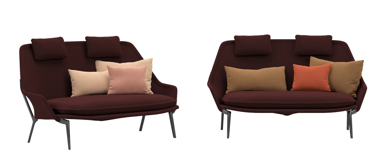 Slow Sofa von Vitra, Stoffsofa in Bordeauxrot mit Kissen in Beige, Rosa und Orange.
