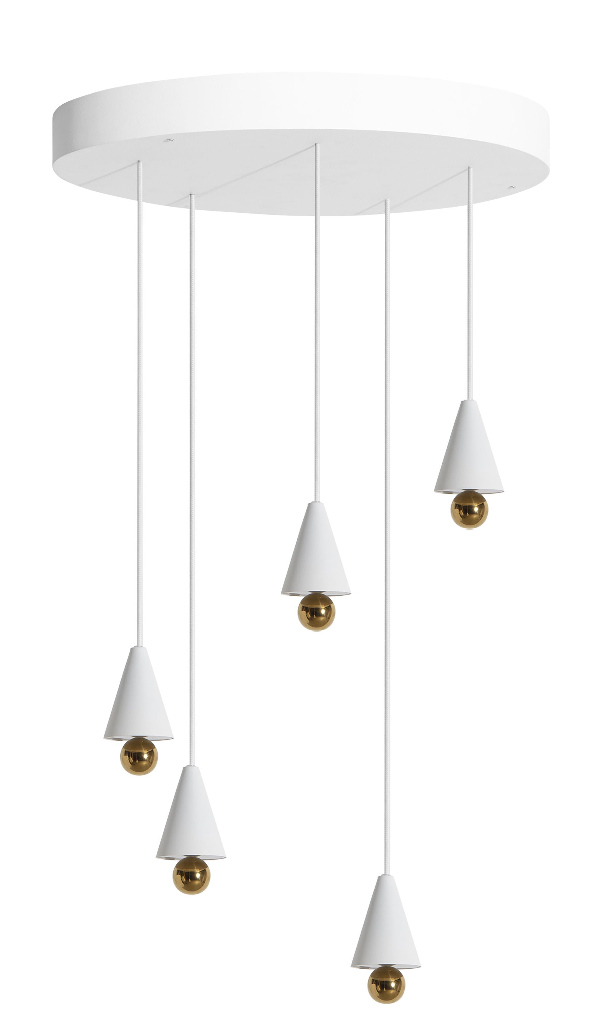 Weiße Cherry Pendelleuchte 5er Set von Petite Friture mit runder Deckenplatte.