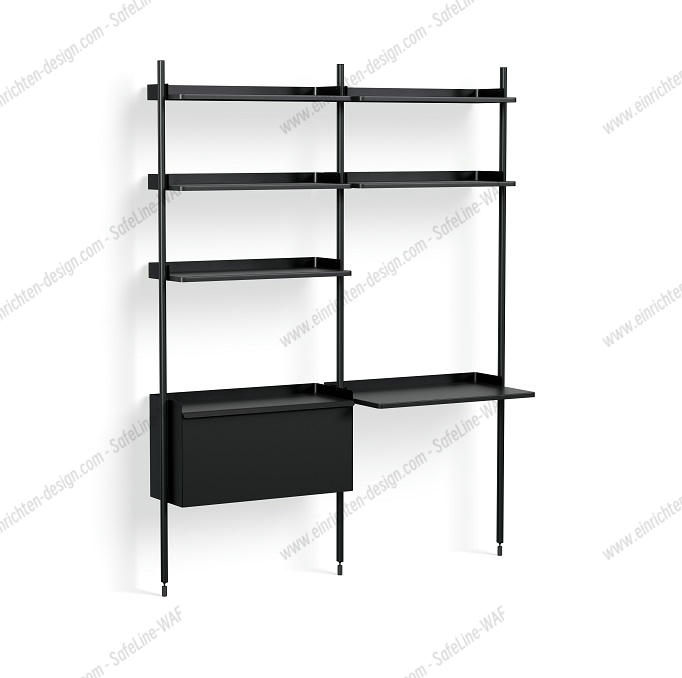 Pier System 12 2 Columns Shelf Hay Black-black Schwarzes Hay Pier System Regal mit zwei Säulen, Regalböden und Schreibtischplatte.