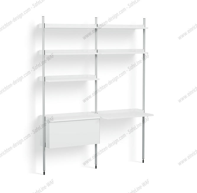 Pier System 12 2 Columns Shelf Hay White-Aluminium Weißes Pier System Regal mit zwei Säulen, Ablageflächen und Schreibtischplatte von Hay.
