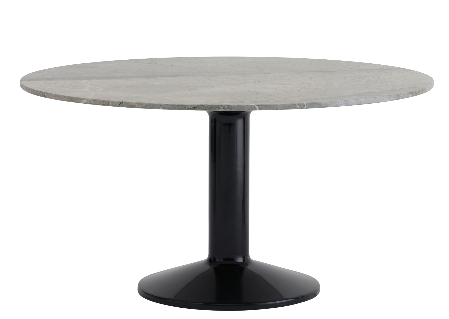 Muuto MIDST Table Esstisch mit runder, grauer Marmorplatte und schwarzem, trompetenförmigem Fuß.