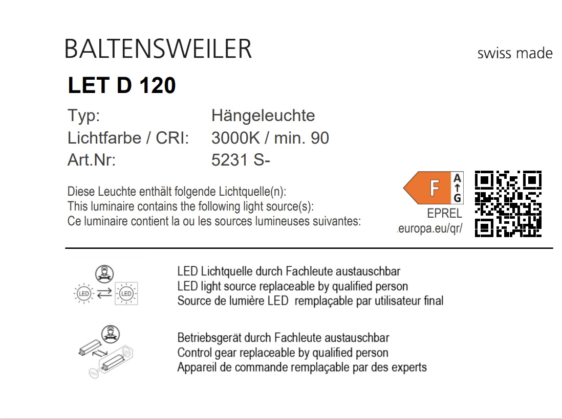 LET D Pendant light Standard W 120 cm Baltensweiler
