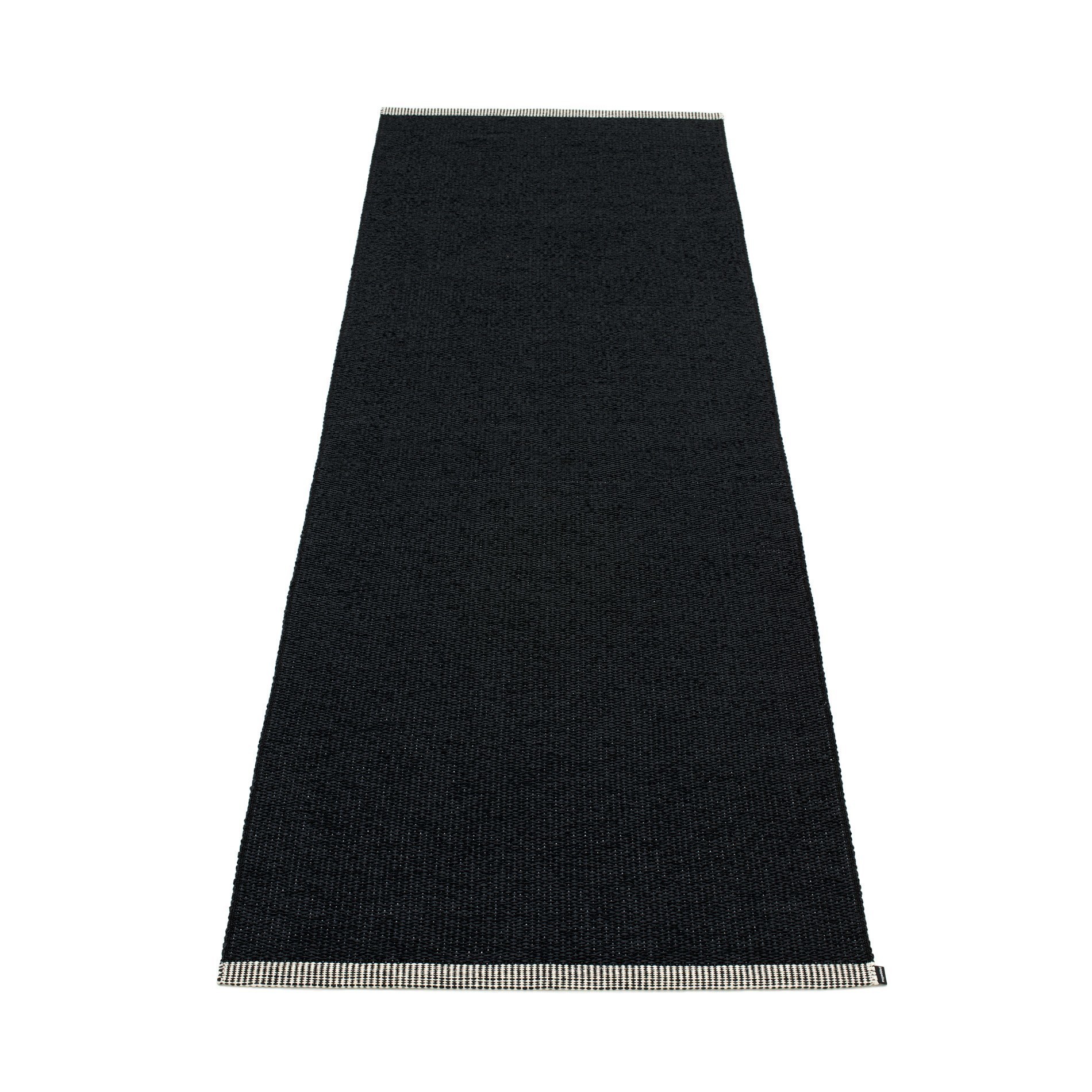 Schwarzer Pappelina Teppich aus Kunststoff, Mono Design, 85x260 cm, mit hellen Fransen.