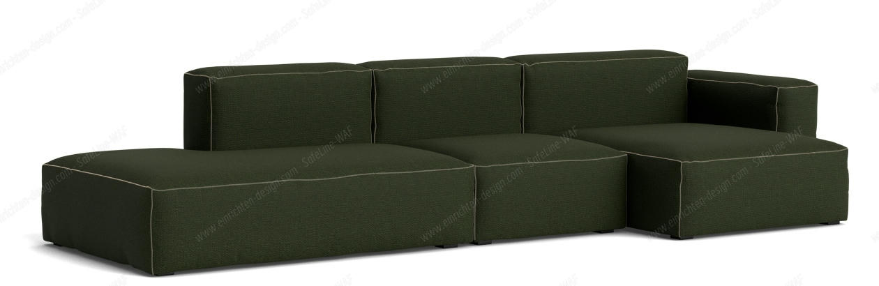 Mags Soft Sofa, 3-Sitzer in Dunkelgrün mit beiger Naht und niedriger Armlehne rechts.
