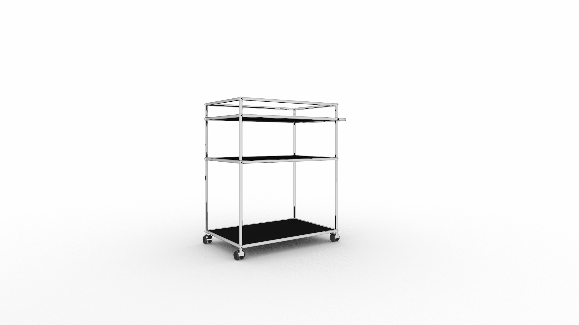 USM Haller Servierwagen, hohe Ausführung in Schwarz, mit drei Ablageflächen und Rollen.