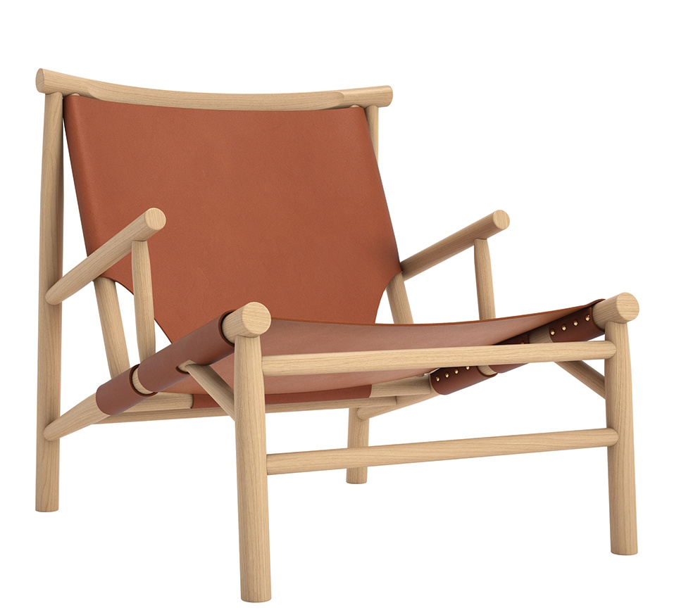 Samurai Lounge Chair Sessel von NORR11 mit hellbraunem Leder und hellem Holzgestell.