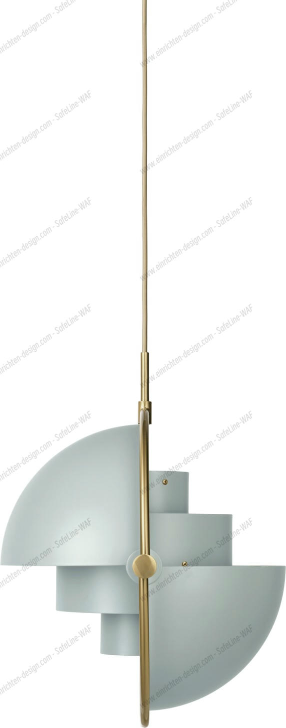 Gubi Multi-Lite Pendelleuchte in See Grau und Messing, moderne Hängelampe für Wohnraum.