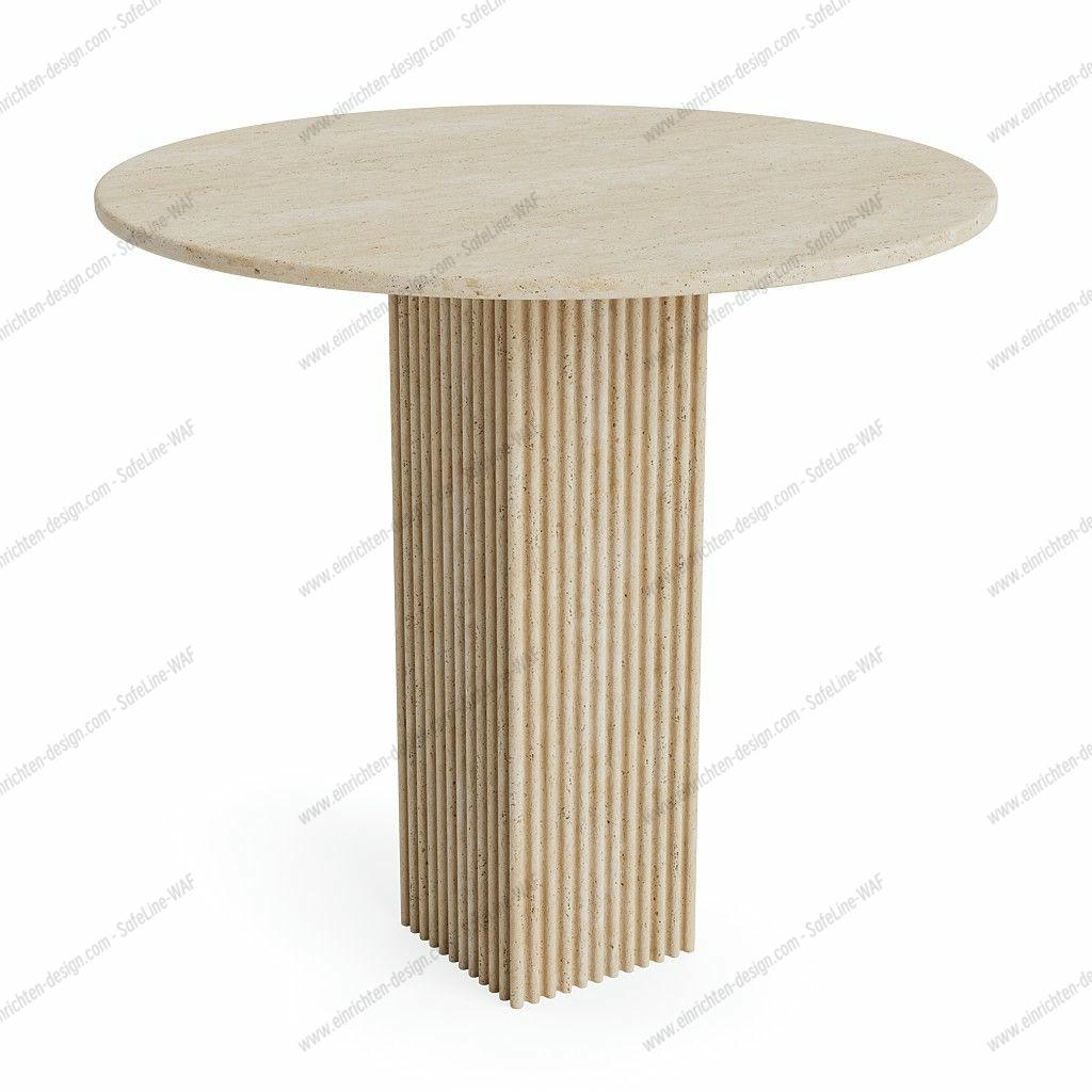Soho Dining Table von NORR11: Runder Esstisch aus Travertin mit geriffeltem Säulenfuß.