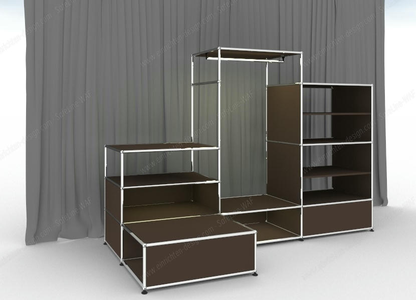 Braune, beleuchtete E Garderobe von USM Haller mit Regalen und Kleiderstange.