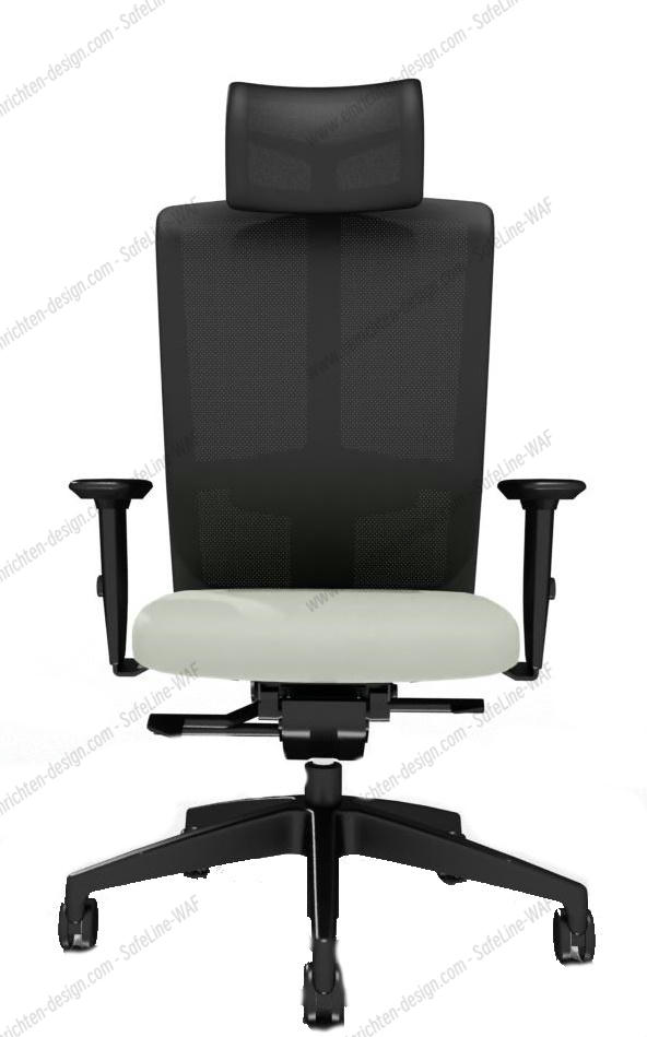 Goal Bürostuhl von Interstuhl, graues Netzgewebe, beige Sitzfläche, ergonomischer Drehstuhl für das Büro.