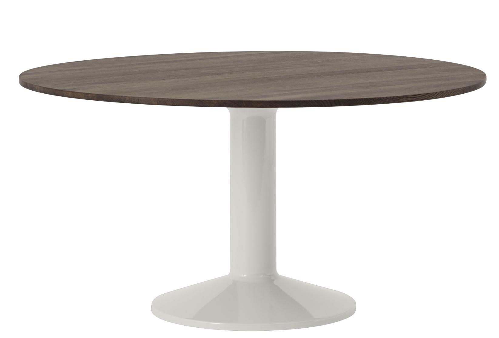 MIDST Table Esstisch von Muuto, runder Holztisch mit weißem, trompetenförmigem Fuß für Esszimmer und Küche.