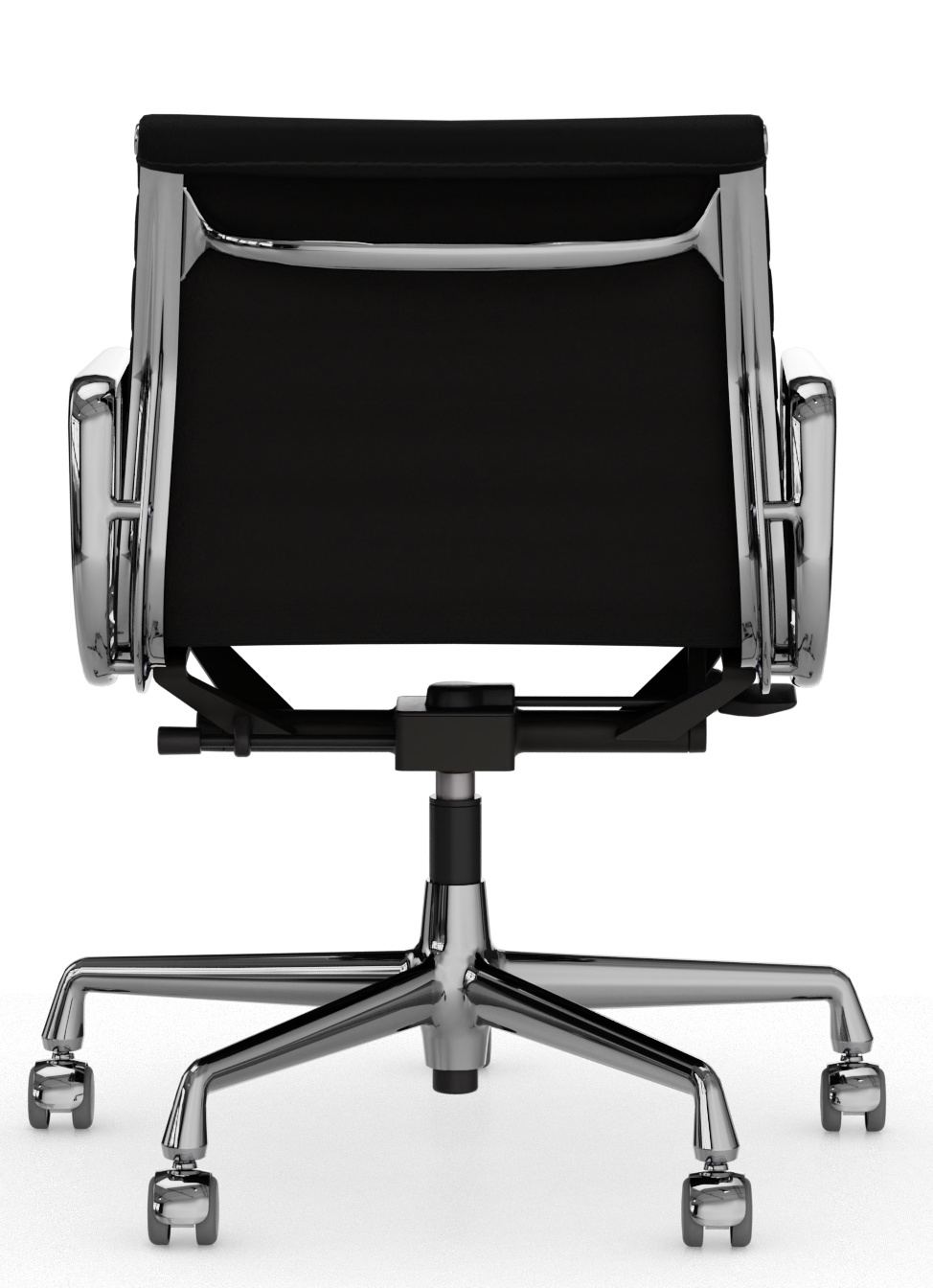 Rückansicht des Aluminium Chair EA 118, Bürostuhl mit schwarzem Lederbezug und Chromgestell von Vitra.