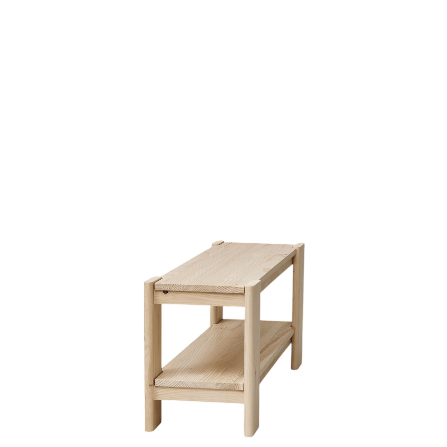 Beam Sitzbank von Form & Refine aus hellem Holz mit zwei Ablageflächen, isoliert auf Weiß.