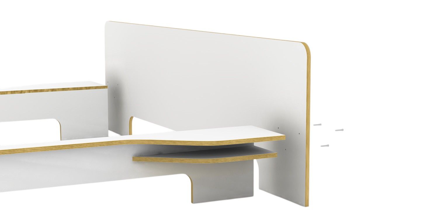 Plane Doppelbett von Müller Möbelwerkstätten in Weiß mit Ablagefächern und minimalistischem Design.