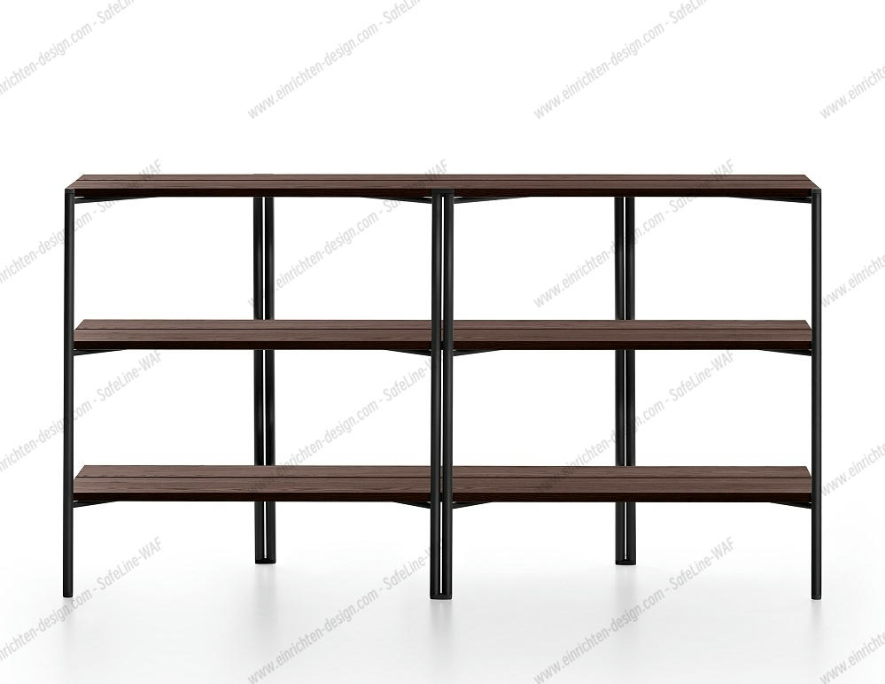 Run Shelf Regal mit drei Ebenen in Schwarz und Walnuss-Optik. Modernes Design.