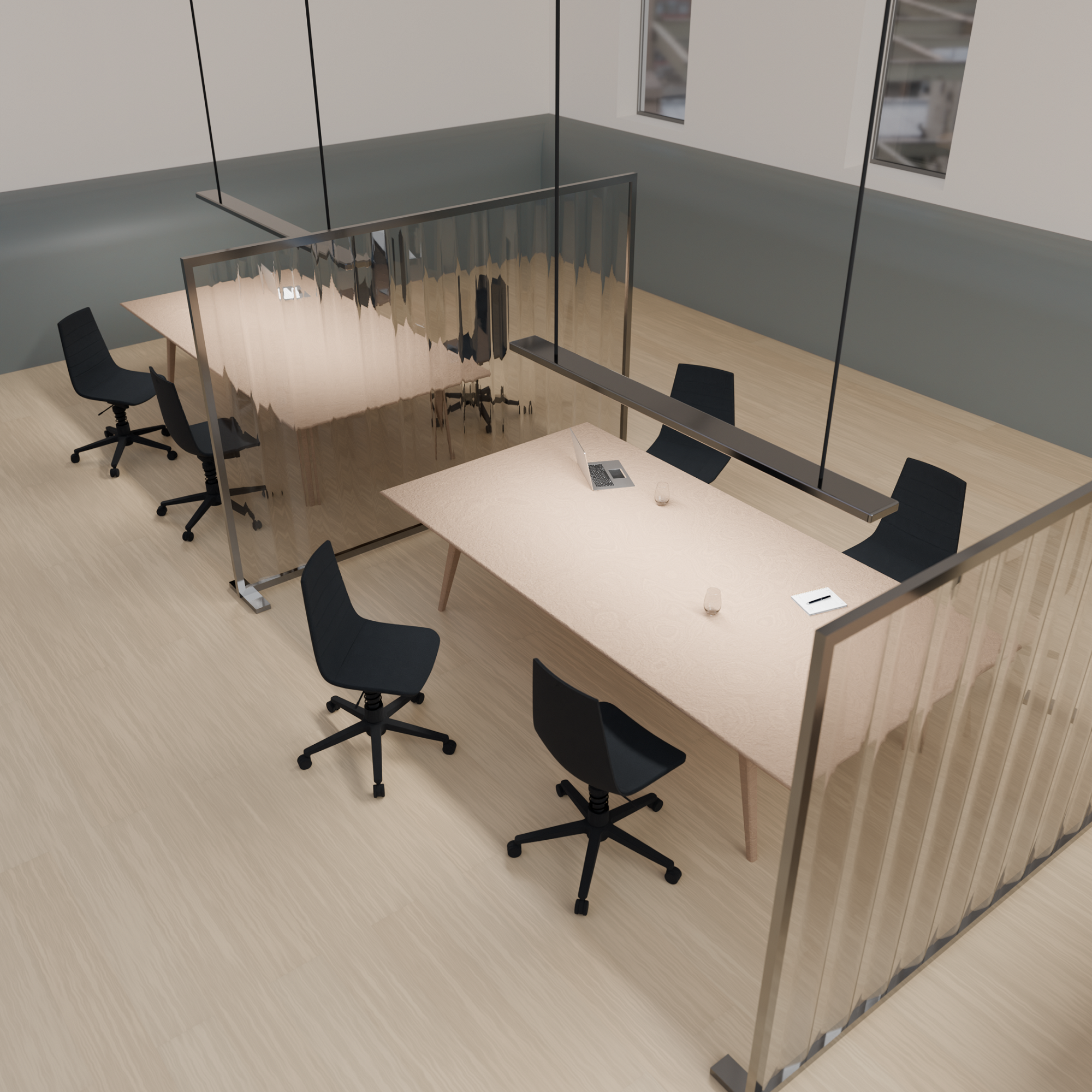 Linu Task Konferenzstuhl mit Aeris Federbein in modernem Büro mit Besprechungstisch und Trennwänden.