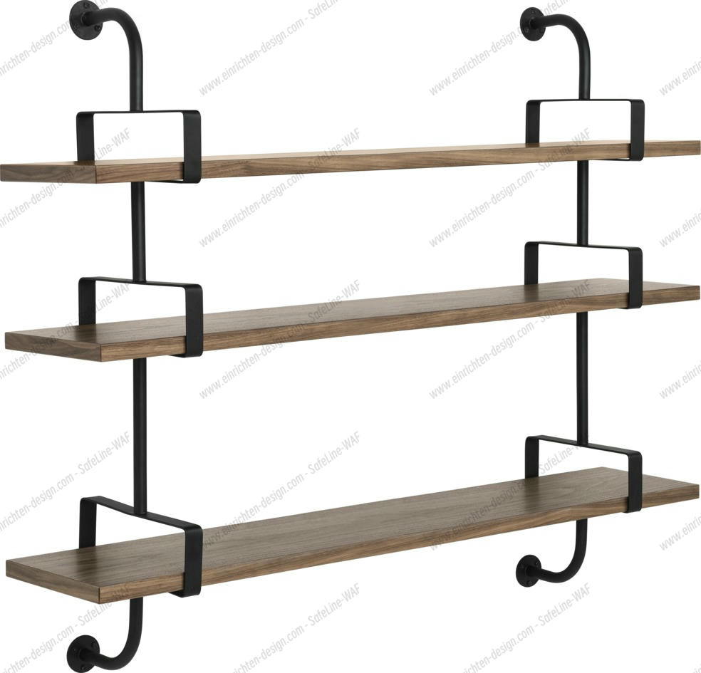 Décoratives Gubi Regal Démon Shelf mit drei Holzebenen und schwarzer Metallhalterung.