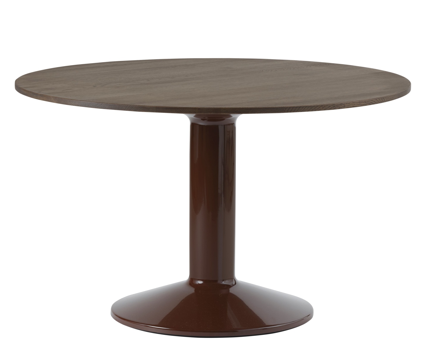 MIDST Table Esstisch von Muuto: Runder Esstisch aus Holz mit braun lackiertem, zylindrischem Fuß.
