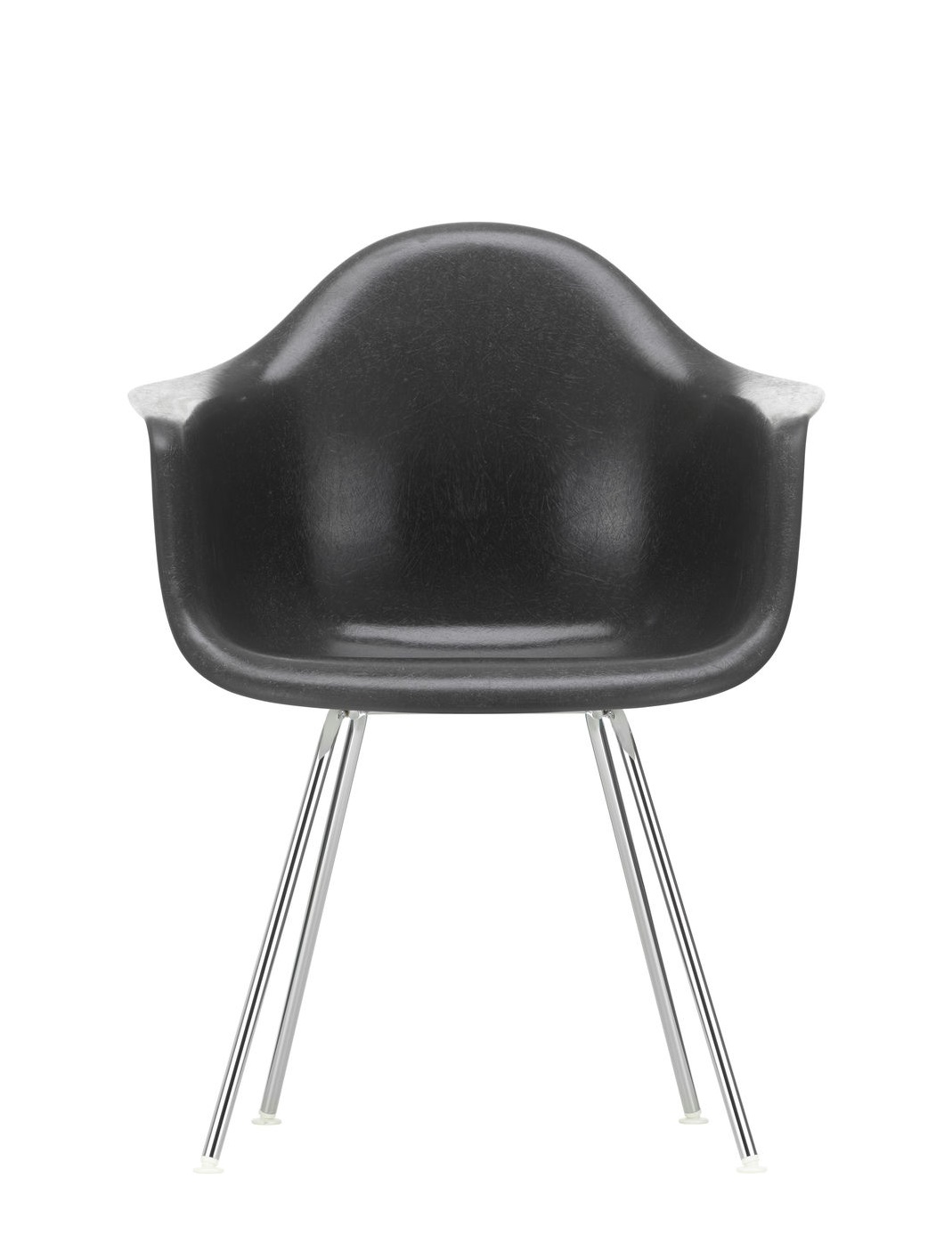 Schwarzer Eames Plastic Arm Chair DAX Stuhl von Vitra mit verchromtem Vierbein-Gestell. Designklassiker für Wohn- und Bürobereich.