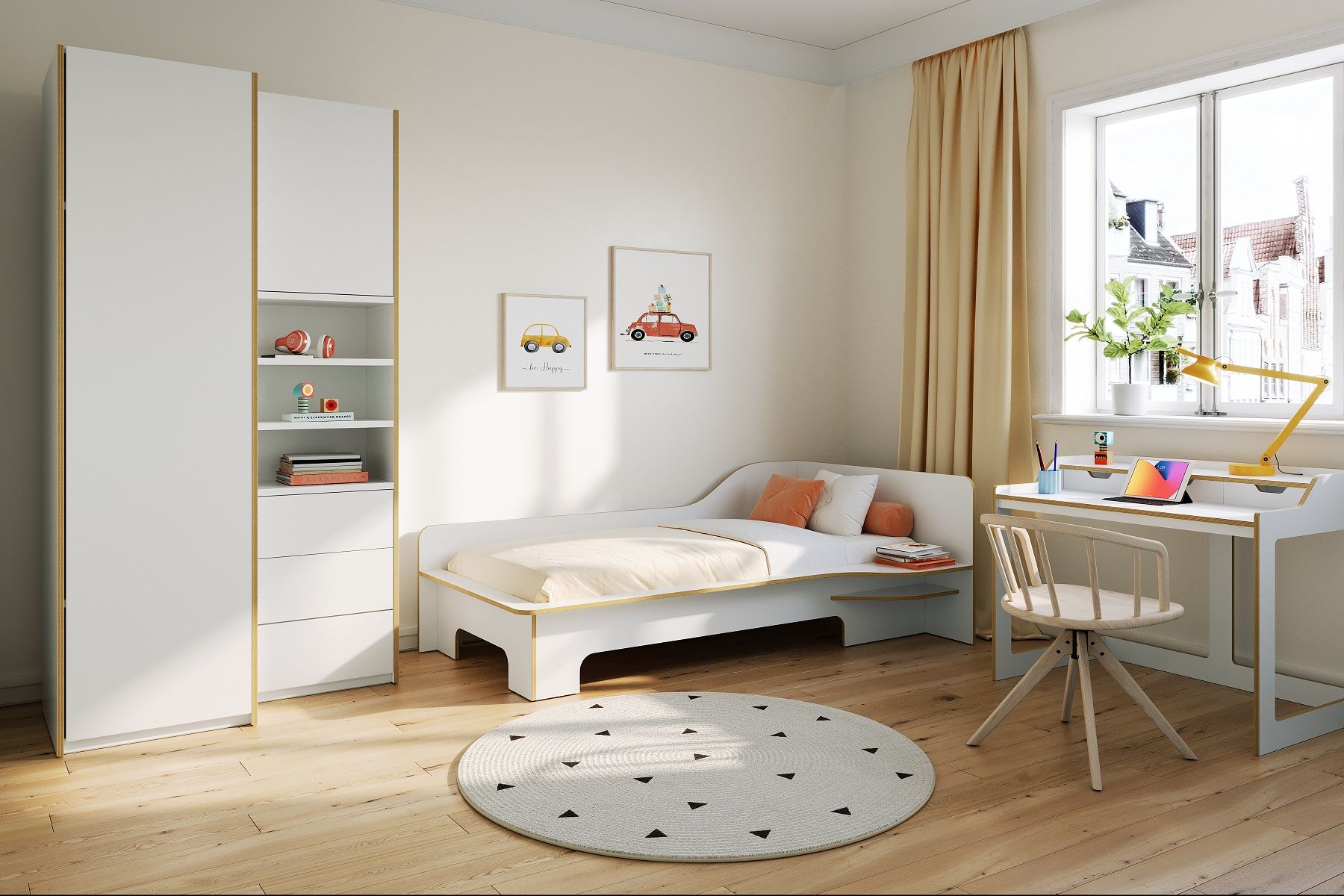 Helles Kinderzimmer mit weißem Plane Einzelbett von Müller Möbelwerkstätten, Schreibtisch und Kleiderschrank.