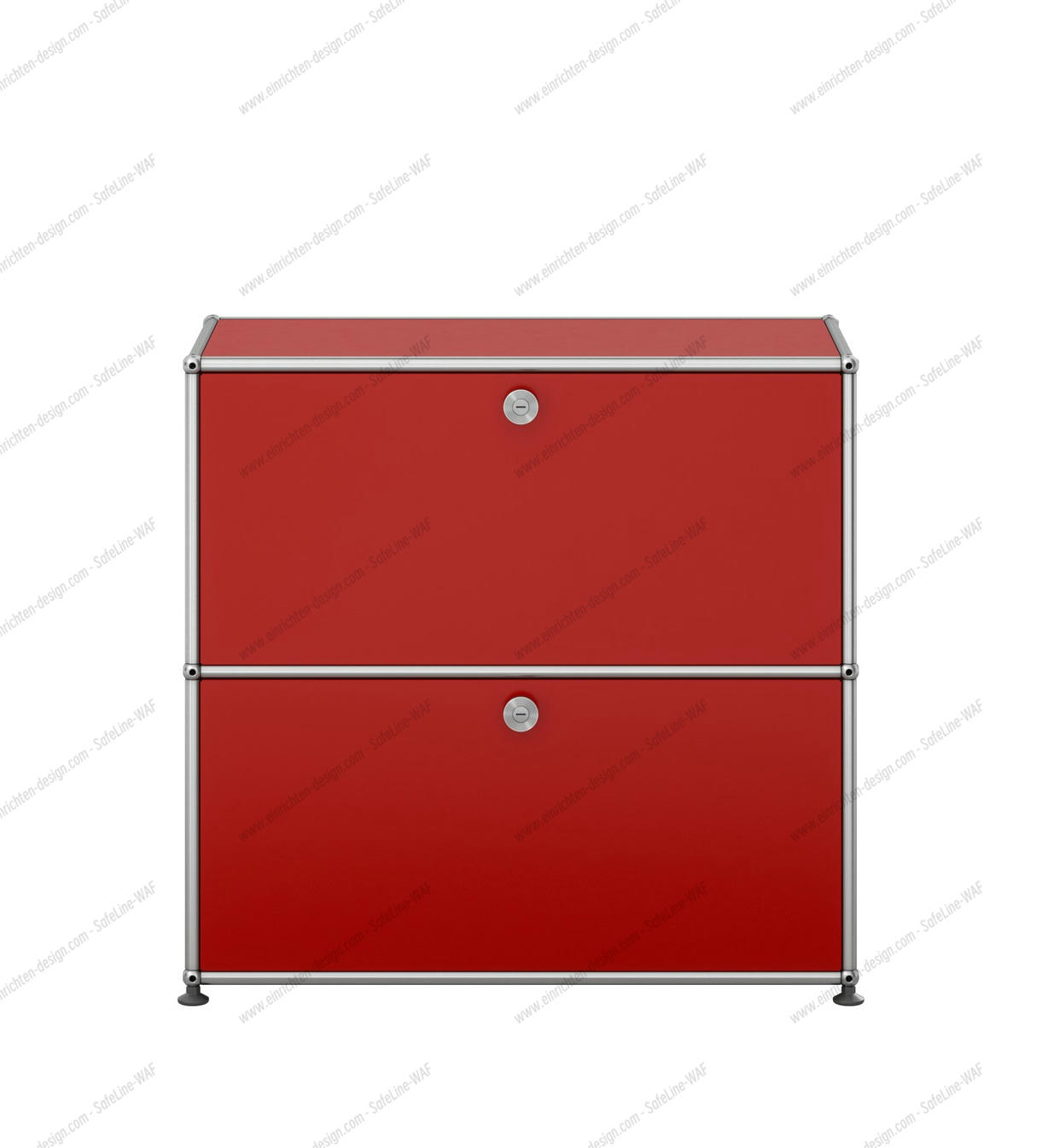 Kleines USM Haller Sideboard in Rubinrot mit zwei abschließbaren Fächern und verchromtem Gestell.