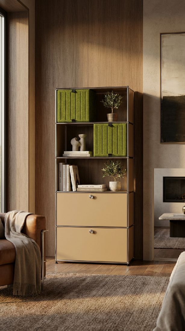 USM Haller shelving unit with Soft Panels M69 Pure White-Taupe