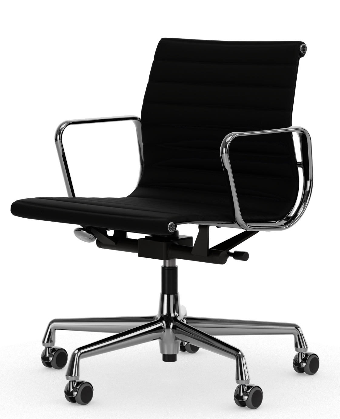 Aluminium Chair EA 118, Bürostuhl von Vitra mit schwarzem Premium Leder und Chromgestell.