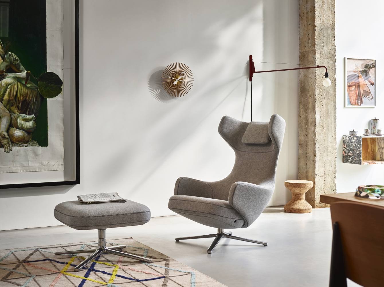 Grand Repos Armchair + Ottoman Vitra Polished Dumet Pebble Melange