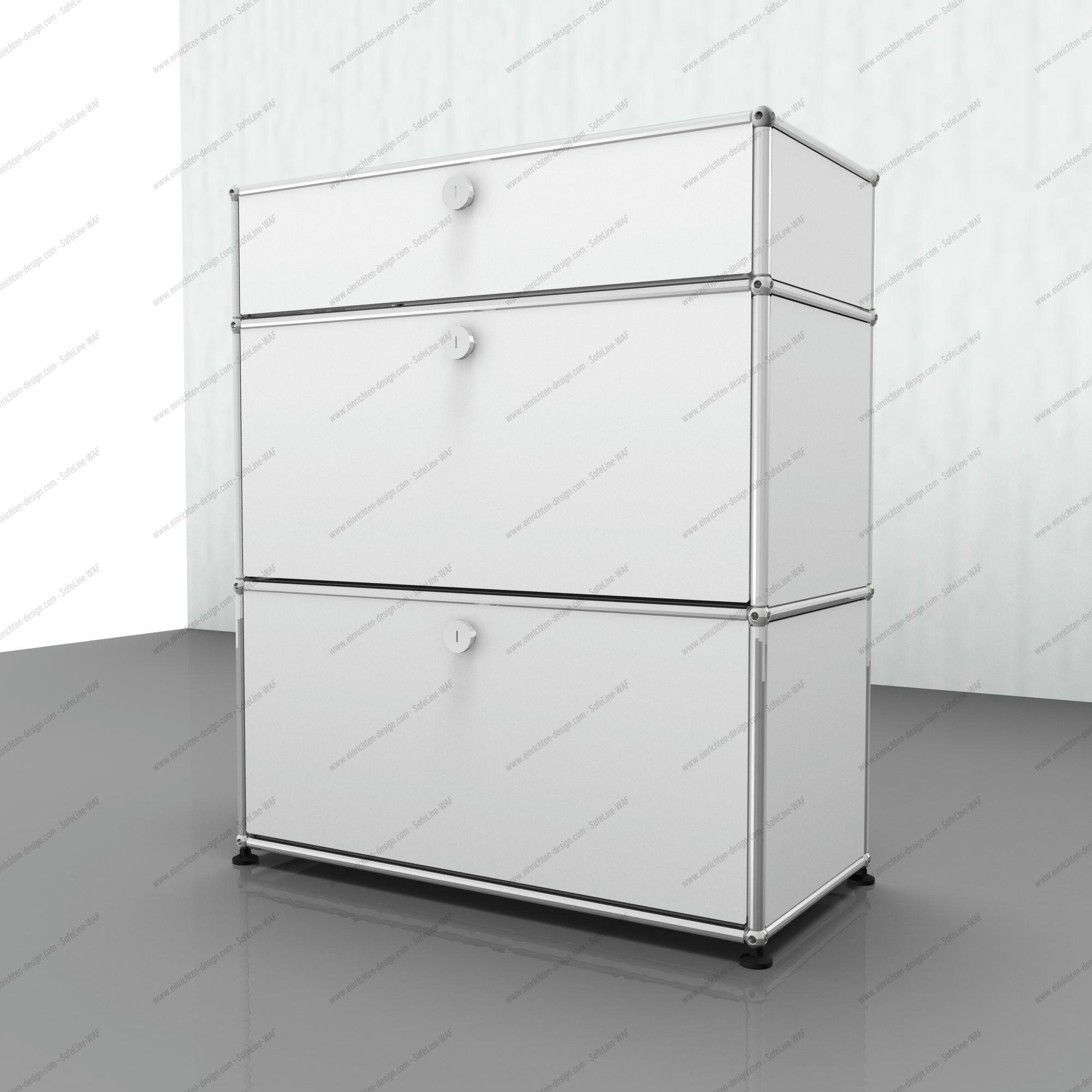USM Haller Highboard in Rubinrot mit zwei Klappen, modernes Designmöbel für stilvolle Wohnräume.
