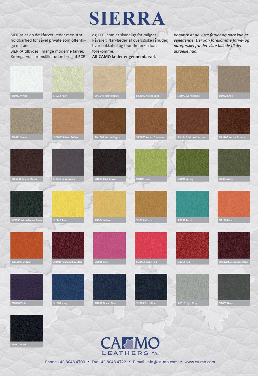 Ledermusterkarte Sierra Camo Leathers: Vielfalt an Lederfarben und -strukturen für hochwertige Lederprodukte.