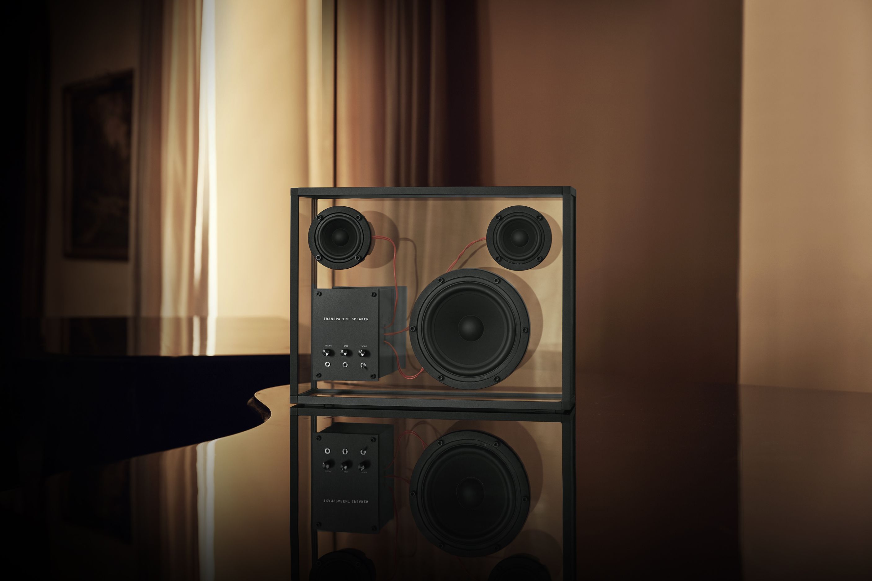Transparent loudspeaker black with red cables Transparent