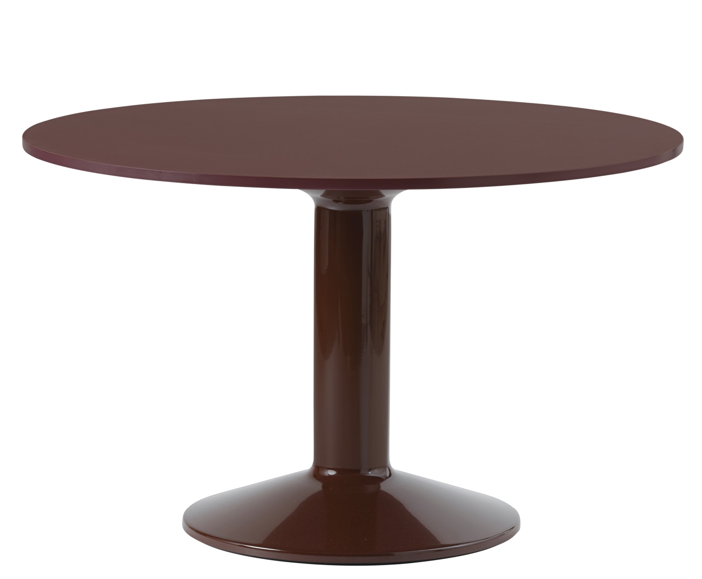 MIDST Table von Muuto, runder Esstisch in Braun mit zentralem, zylindrischem Fuß.
