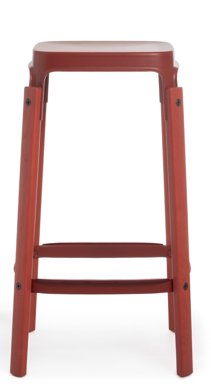 Roter Steelwood Hocker von Magis, ein moderner Barhocker aus Holz und Stahl für Küche und Bar.