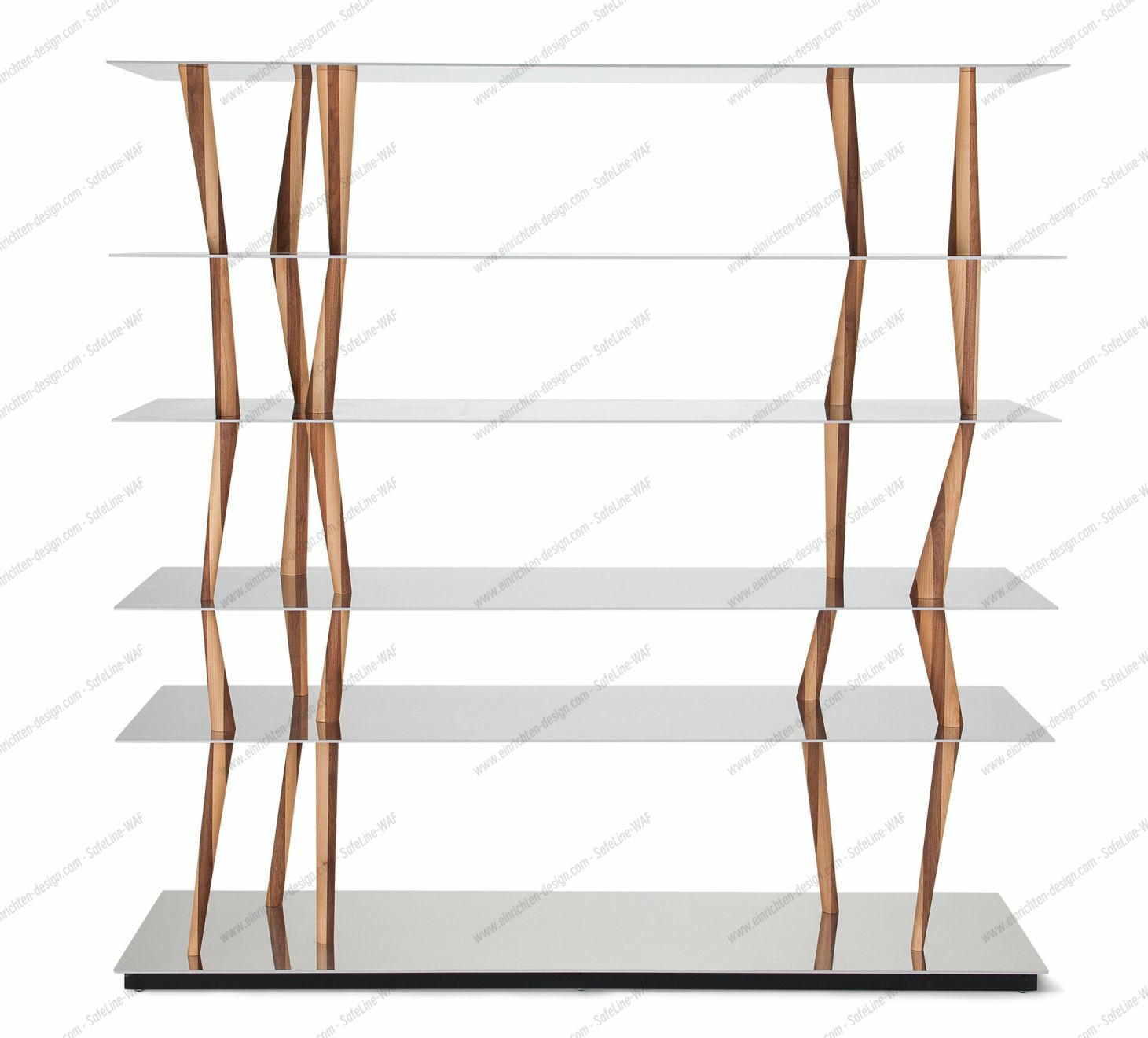Sendai Regal mit Holzstreben und vier Glasböden, modernes Design für Wohnzimmer.