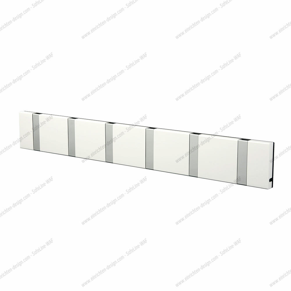 Knax Wandgarderobe, weiße Klappgarderobe mit sechs Haken, waagerechte Anordnung, modernes Design für Flur und Diele.