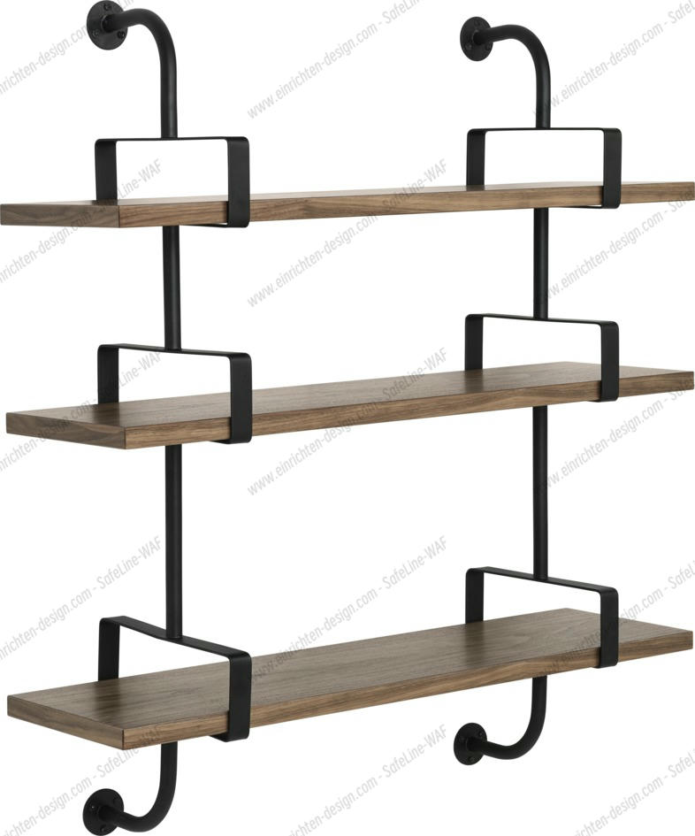 Décoratives Gubi Regal mit drei Holzebenen und schwarzer Metallhalterung für die Wandmontage.