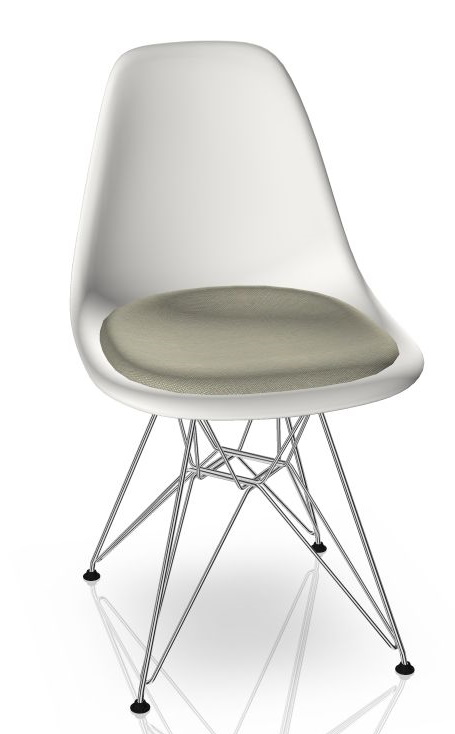 Eames Plastic Side Chair DSR Chair with Seat Cushion Vitra Chrome - Hopsack warmgrey/ivory, White