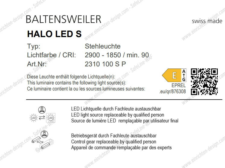 Produktinformationen zur HALO LED S Stehleuchte von Baltensweiler. Details zu Lichtfarbe, Artikelnummer und austauschbaren LED-Lichtquellen.