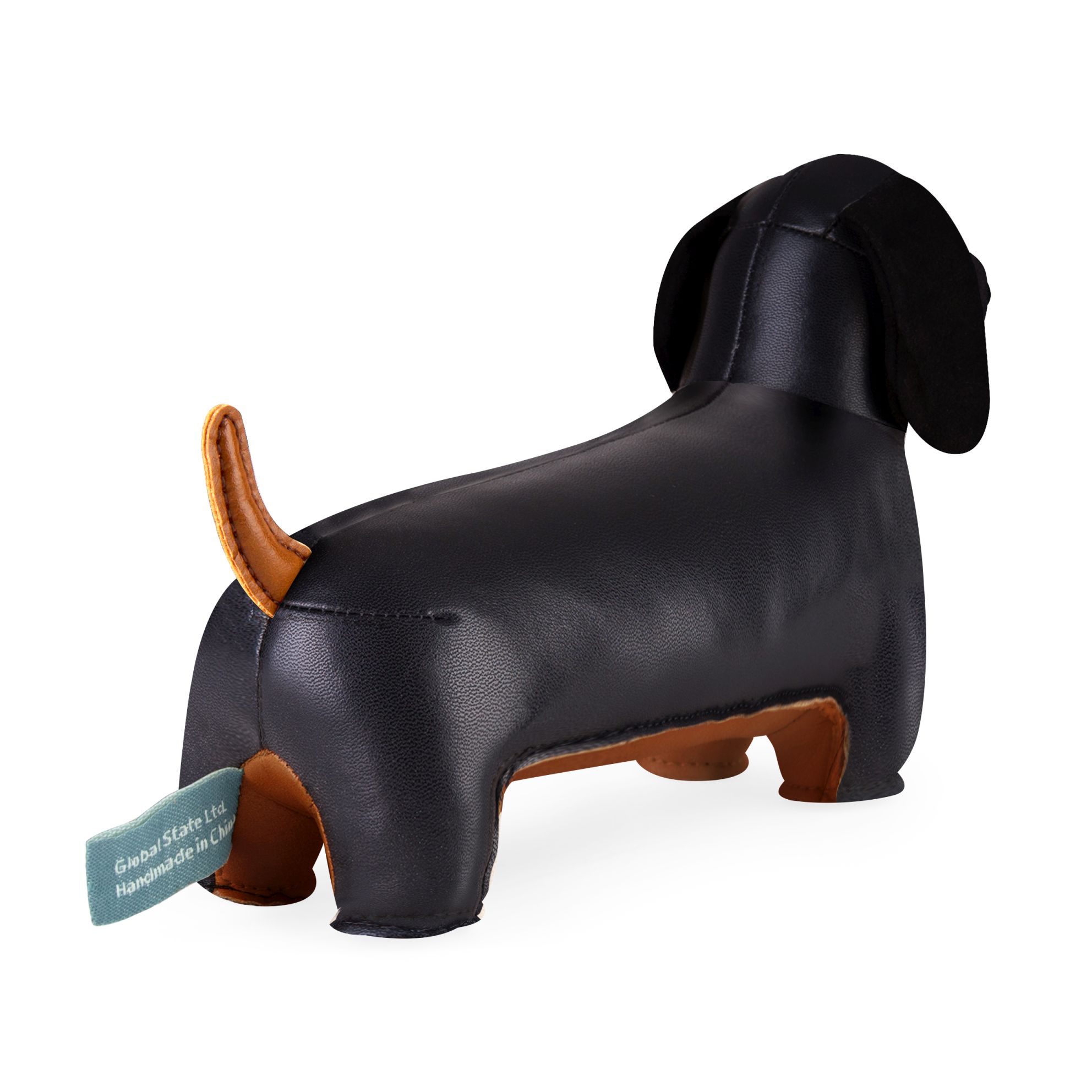Briefbeschwerer Dackel in Schwarz und Tan von Zuny, dekorative Hundefigur aus Kunstleder, Rückansicht.