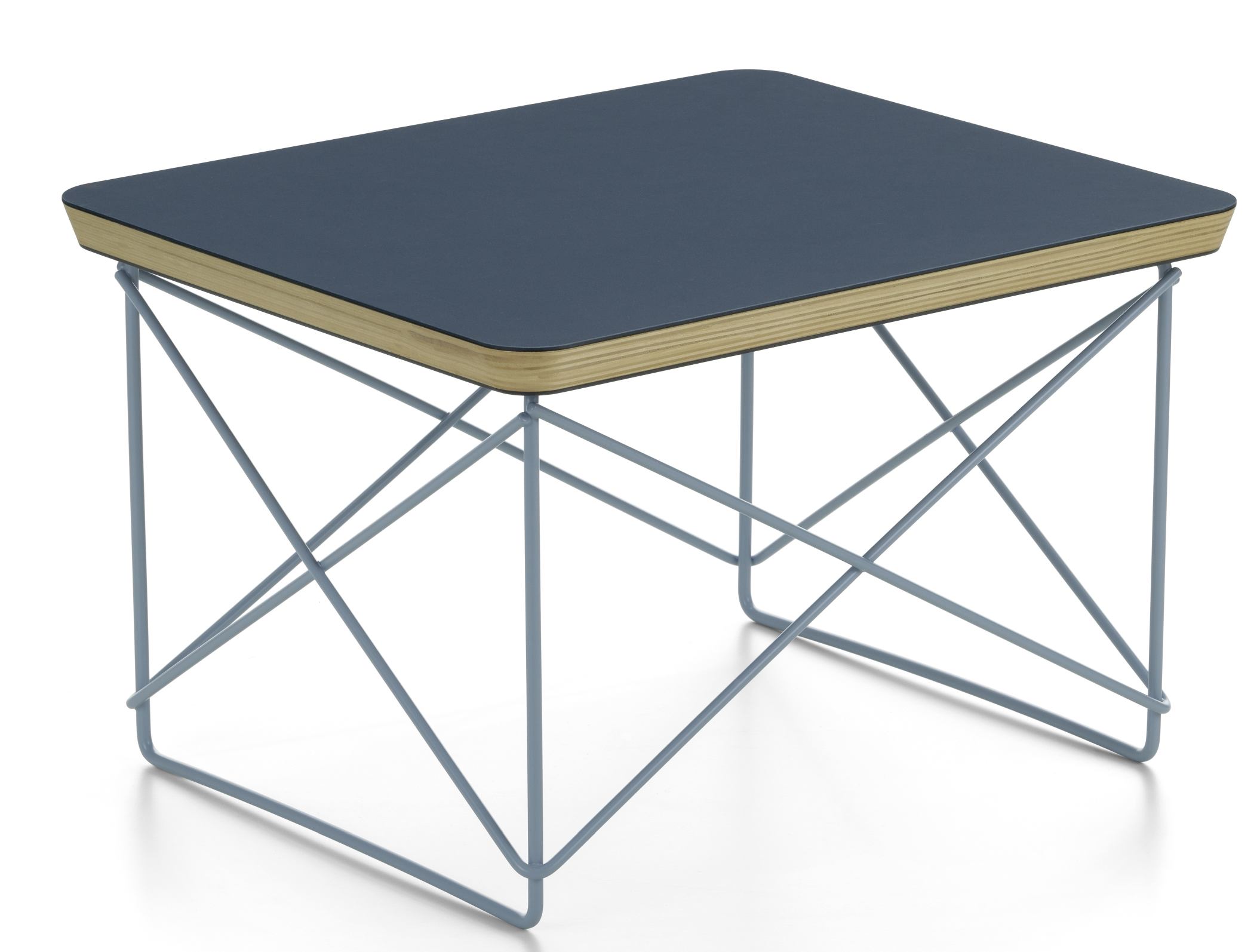 Vitra LTR Occasional Table mit Linoleum Smoke blue Tischplatte und blauem Drahtgestell.