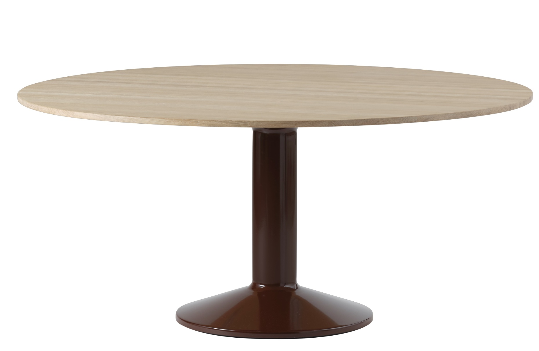 Muuto MIDST Table Esstisch: Runder Holztisch mit braunem, zylindrischem Fuß für Esszimmer und Küche.