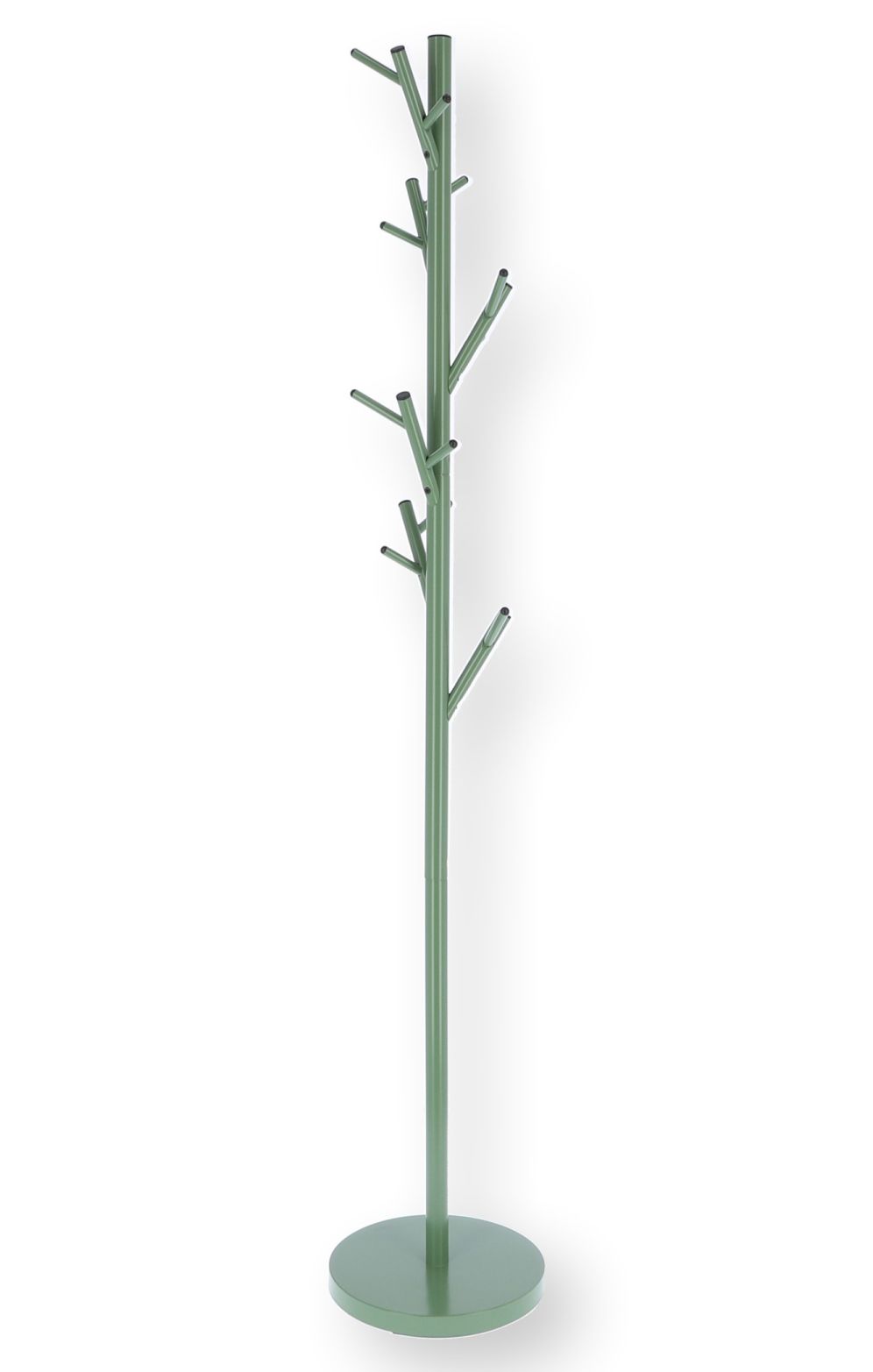 Freistehender, grüner Tree Kleiderständer von Jan Kurtz mit Ästen als Haken und rundem Fuß auf weißem Hintergrund.