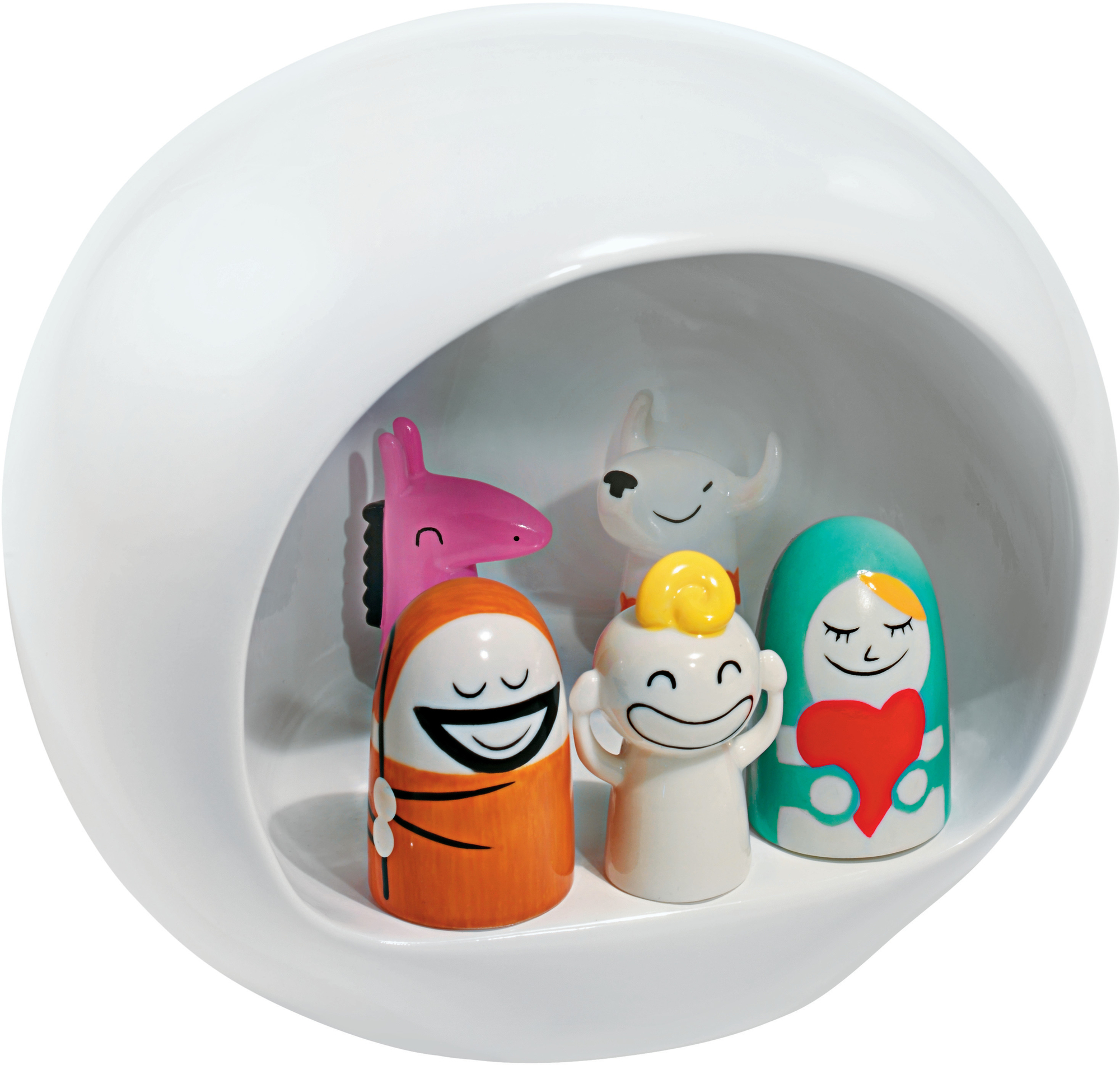 Alessi Weihnachtskrippe "Presepe" in weißer Kugel, moderne Krippenfiguren mit freundlichen Gesichtern.