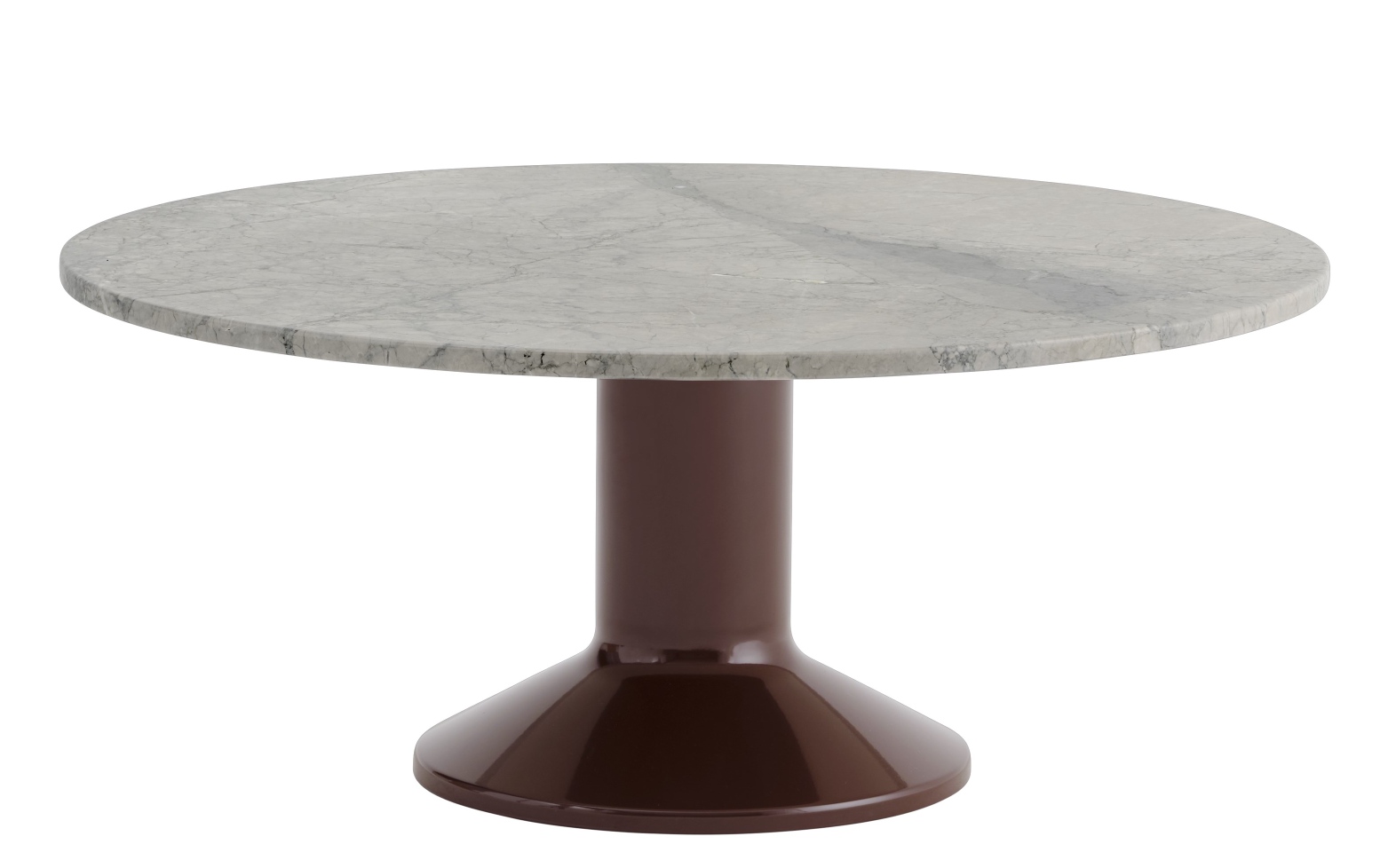Muuto MIDST Coffee Table: Runder Couchtisch mit grauer Marmorplatte und braunem, trompetenförmigem Fuß.