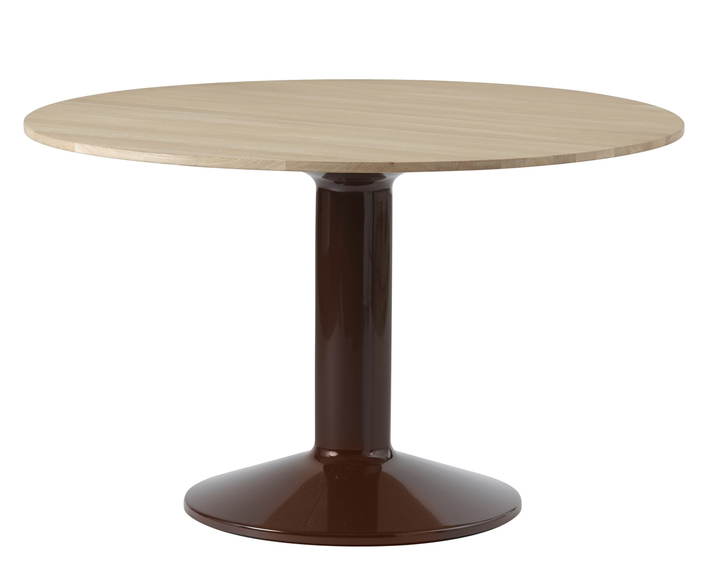 MIDST Table von Muuto: Runder Esstisch mit heller Holzplatte und braunem, trompetenförmigem Fuß.