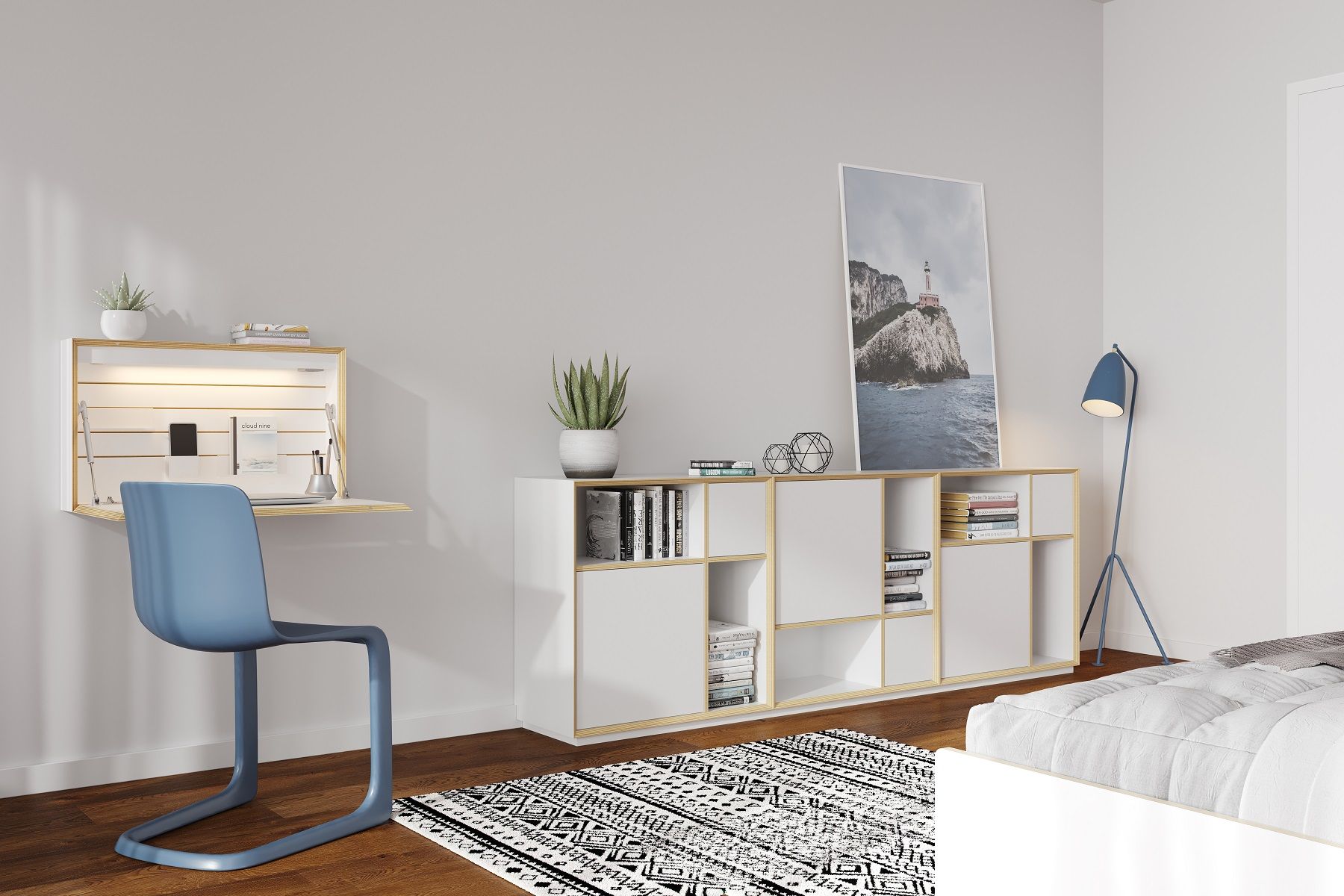 Flatbox Sekretär von Müller Möbelwerkstätten, minimalistisches Design mit Schreibtisch, Regal und blauen Stuhl im modernen Wohnraum.