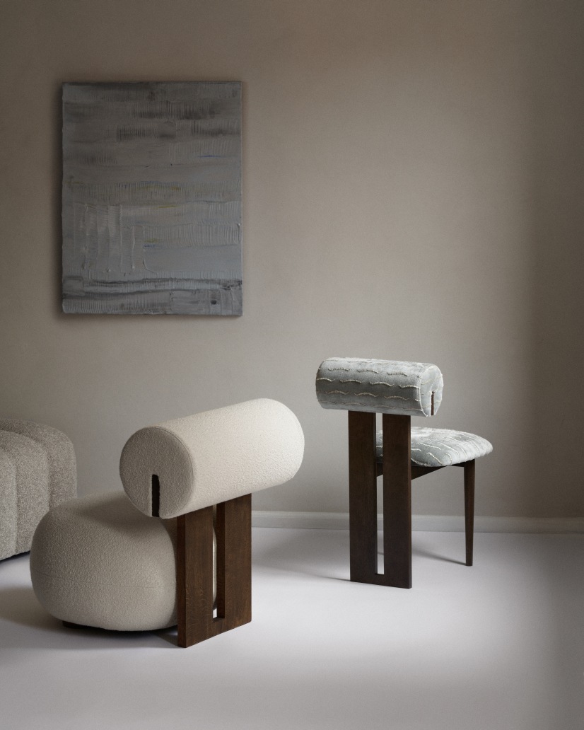 Hippo Lounge Chair Sessel von NORR11, gepolstert mit Bouclé und Samt, modernes Möbeldesign für Wohnzimmer und Lounge.